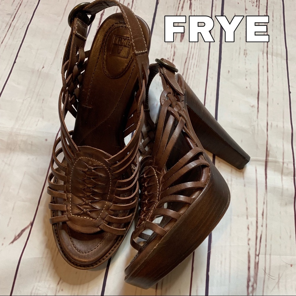 Frye brown leather size 10 wood heels EUC